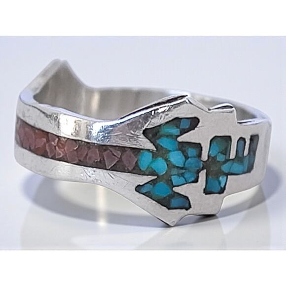 Vintage Native American 925 Silver Ring Turquoise Coral Inlay Southwestern - Picture 1 of 8